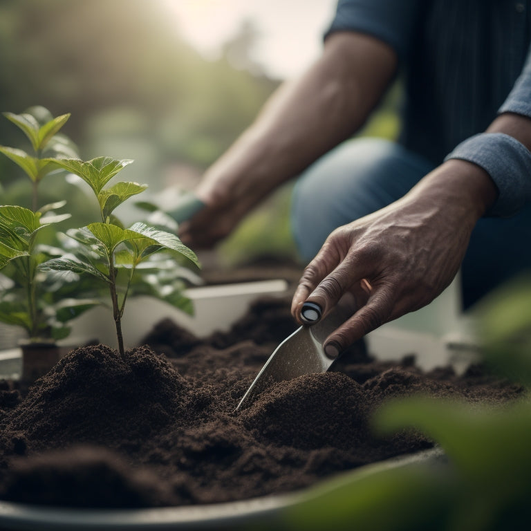 A close-up of a person's hands holding a small trowel, scooping soil into a concrete planter, surrounded by lush greenery, with a blurred cityscape in the background.