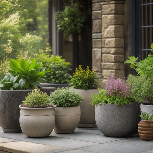 A serene outdoor setting featuring a mix of modern and rustic concrete planters in various shapes and sizes, overflowing with lush greenery and vibrant flowers, surrounded by natural stone and wooden accents.
