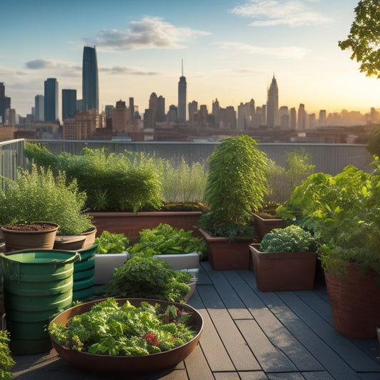 A serene rooftop vegetable garden with lush greenery, vibrant flowers, and a variety of ripe fruits and vegetables, surrounded by a trellis, planters, and a subtle cityscape in the background.