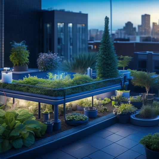 An illustration of a lush, thriving rooftop garden with a sleek, modern watering system featuring a network of thin, gray pipes, misting nozzles, and a central control panel with glowing blue lights.
