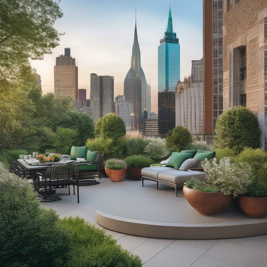 A serene rooftop oasis in a bustling metropolis: lush greenery, vibrant flowers, and trees thrive amidst sleek cityscape skyscrapers, with a winding stone path and modern outdoor furniture.