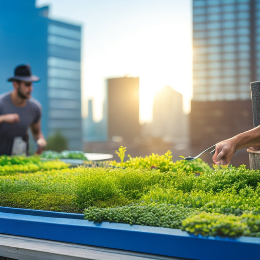 A rooftop garden with a variety of microgreens in small, rectangular planters, with a person gently harvesting them using scissors, amidst a bustling cityscape with skyscrapers in the background.