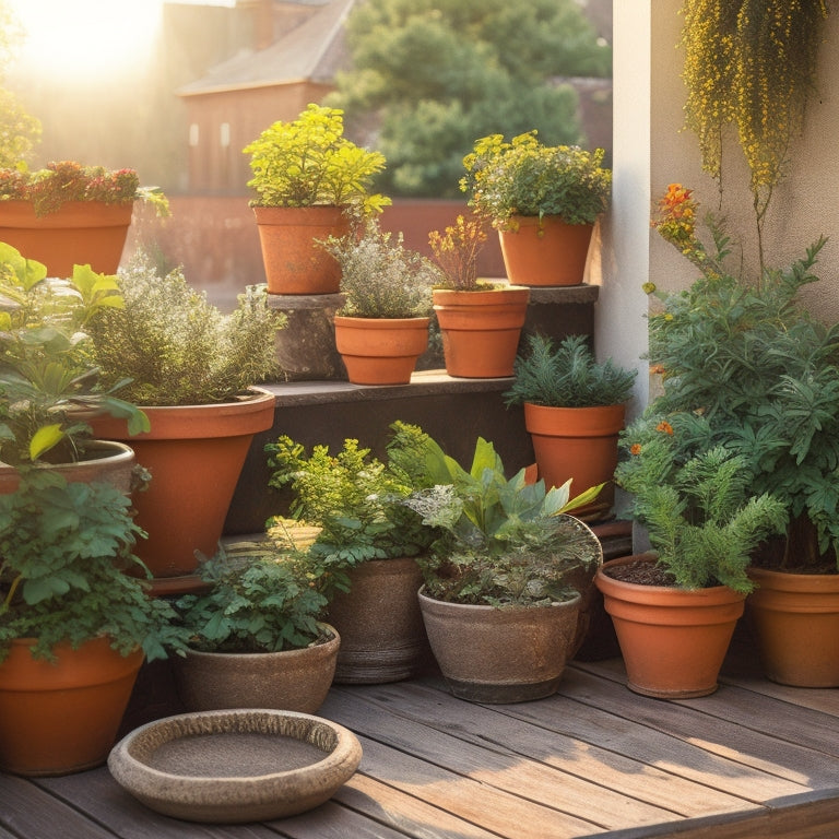 A vibrant, sun-kissed rooftop scene: a small, weathered wooden planter box overflowing with lush greenery, surrounded by repurposed terracotta pots, rusty metal lanterns, and a worn wooden bench.