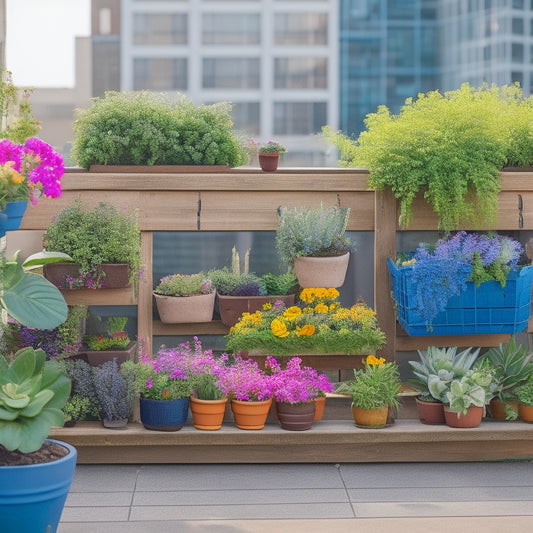 A lush, vibrant rooftop garden with a mix of colorful flowers, leafy greens, and succulents thriving in small, vertically-stacked planters and hanging baskets, surrounded by a sleek wooden railing.