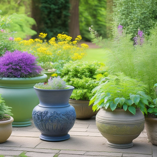 A serene garden scene with three to five cinder planters of varying sizes (small, medium, large) surrounded by lush greenery, vibrant flowers, and decorative garden ornaments.