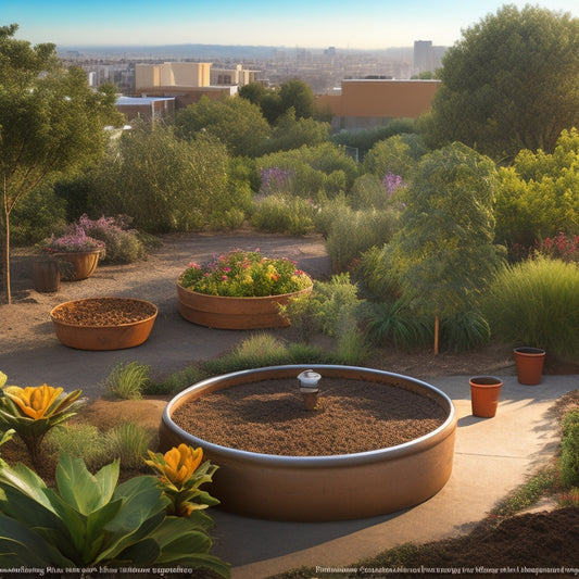 An illustration of a thriving urban garden with a drip irrigation system, rainwater collection barrel, and mulched soil, surrounded by a lush canopy of drought-tolerant plants and a cityscape in the background.