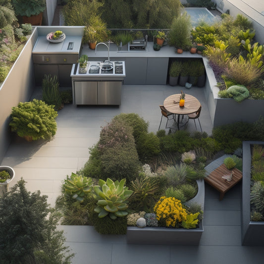 An aerial view of a lush rooftop garden with a sleek, modern outdoor kitchen, featuring a curved island, pendant lights, and a mix of greenery, including succulents and flowering plants.
