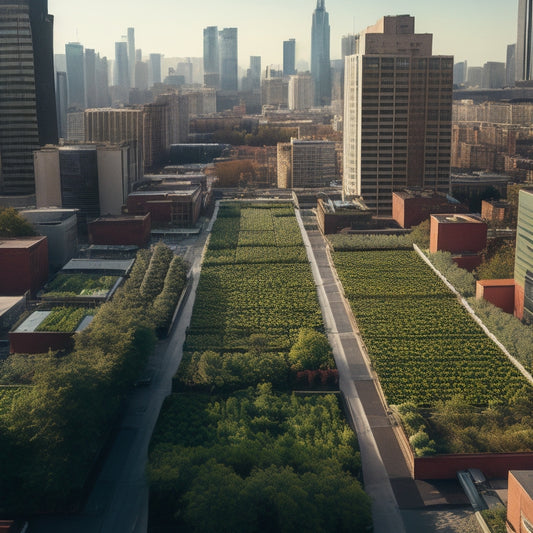 An aerial view of a lush, thriving rooftop farm with rows of vibrant green leafy crops, trellises, and wooden planters, surrounded by a bustling cityscape with skyscrapers and busy streets.