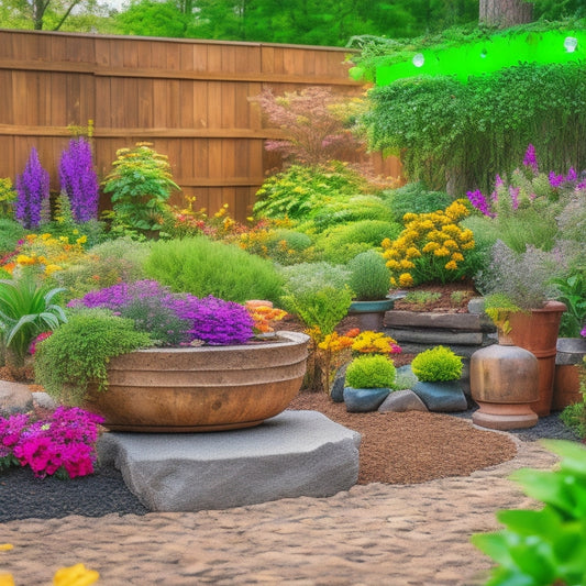 A serene backyard with a large, eclectic planter made from repurposed wooden pallets, overflowing with vibrant flowers and lush greenery, surrounded by carefully arranged rocks and a few strategically placed garden ornaments.