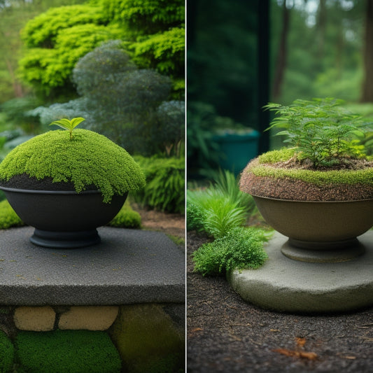 A before-and-after split-screen image: a grimy, moss-covered outdoor concrete planter on the left, and the same planter on the right, sparkling clean with a subtle sheen, surrounded by lush greenery.