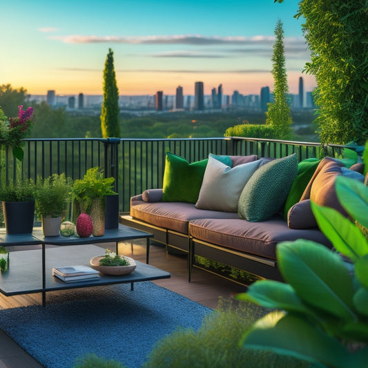 A serene, lush balcony oasis at sunset, with a plush sectional sofa, verdant greenery, and vibrant flowers, surrounded by a sleek, modern railing and overlooking a breathtaking cityscape.