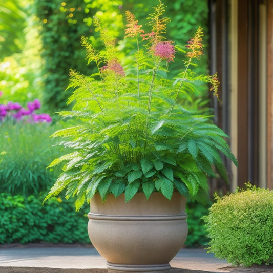 A serene, sun-drenched garden scene featuring a tall, slender cinder planter, approximately 24-36 inches in height, surrounded by lush, vibrant greenery, with a few wispy stems spilling over the edges.