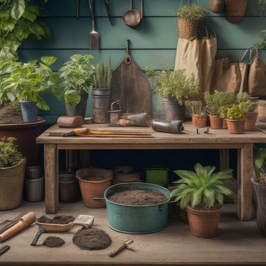 A cluttered but organized workbench with a variety of gardening tools, including a trowel, pruners, gloves, and a watering can, surrounded by potted plants and bags of soil.