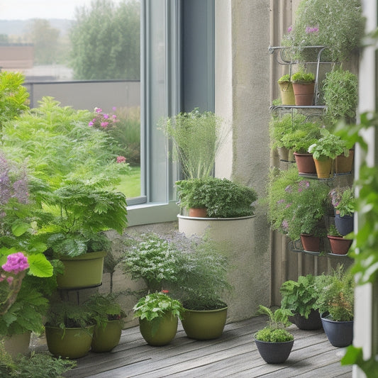 A serene balcony scene with a thriving vegetable garden: lush greenery, vibrant flowers, and an assortment of colorful containers, trellises, and vertical planters, all harmoniously arranged to maximize space.