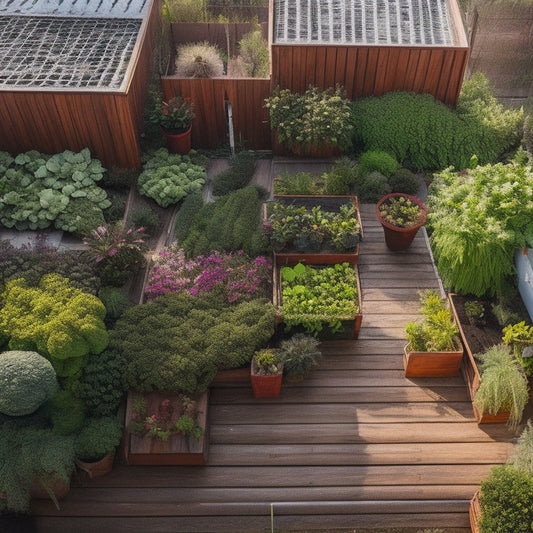 An aerial view of a lush rooftop vegetable garden with a variety of vibrant plants, showcasing a mix of drip irrigation tubes, micro-sprinklers, and soaker hoses amidst wooden planters and trellises.