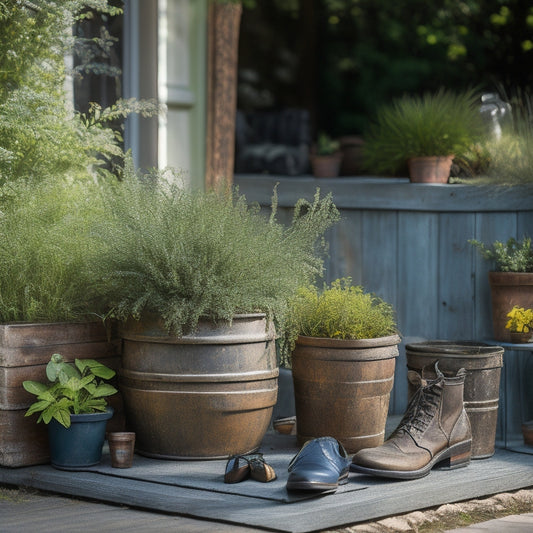 An outdoor setting with a mix of repurposed planters, like old boots, wooden crates, and mason jars, surrounded by lush greenery, placed on a small patio or deck with a subtle background of a sunny day.