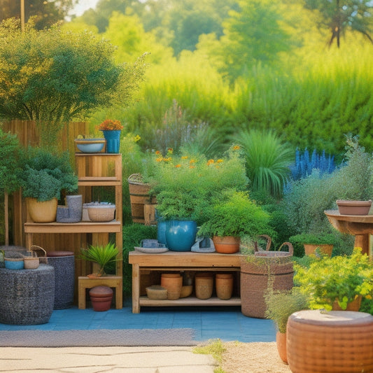 A serene outdoor setting with a mix of repurposed wooden crates, woven wicker chairs, and colorful ceramic pots overflowing with lush greenery, set against a warm, sunny backdrop with a blurred garden landscape.