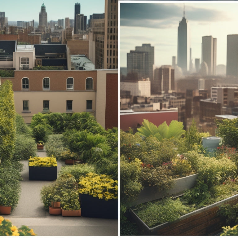 A split-screen image: a bustling cityscape with dark rooftops and heat waves rising, contrasted with a lush, verdant rooftop garden, complete with diverse flora and a serene atmosphere.