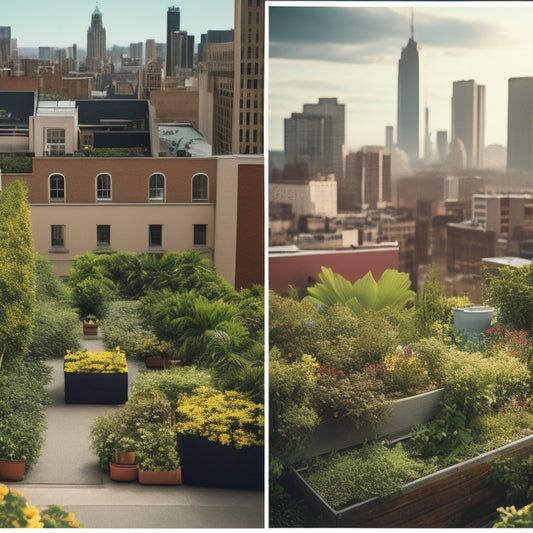 A split-screen image: a bustling cityscape with dark rooftops and heat waves rising, contrasted with a lush, verdant rooftop garden, complete with diverse flora and a serene atmosphere.