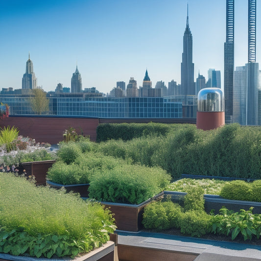 A serene rooftop garden with lush greenery, vibrant flowers, and a variety of vegetables thriving in wooden planters, surrounded by sleek urban skyscrapers and a bright blue sky with few wispy clouds.