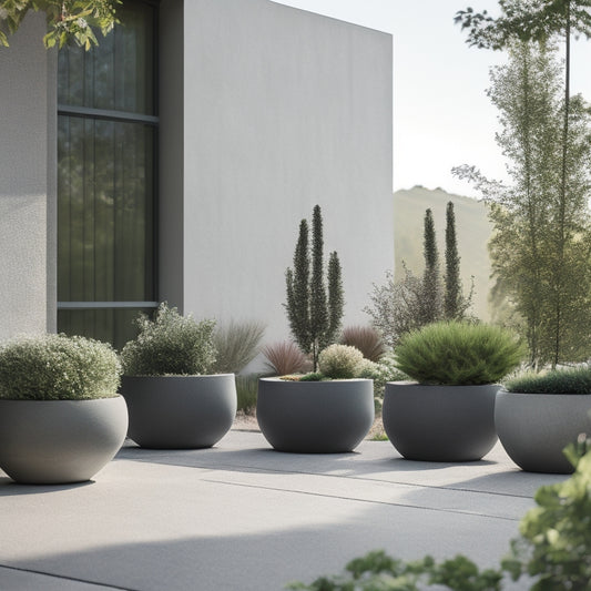 A serene outdoor setting with a few large concrete planters of varying shapes and sizes, surrounded by lush greenery, and a subtle background of a modern home's exterior.