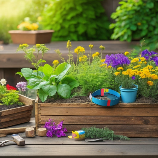 A wooden planter box with rustic wood planks, overflowing with lush greenery and vibrant flowers, surrounded by DIY tools like hammers, nails, and a measuring tape, set against a blurred backyard background.
