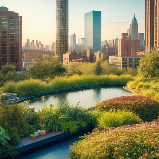 A serene rooftop garden scene with lush greenery, vibrant flowers, and a small pond, surrounded by a bustling cityscape with skyscrapers and busy streets in the background, showcasing a stark contrast.