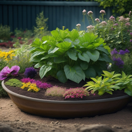 An illustration of a thriving planter with lush greenery and vibrant flowers, surrounded by a neatly laid weed barrier fabric, with a few strategically placed rocks and mulch.
