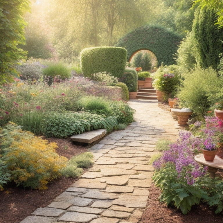 A serene garden scene featuring a meandering stone pathway lined with varied planters, overflowing with lush greenery, colorful blooms, and delicate vines, set against a soft, sunny backdrop.