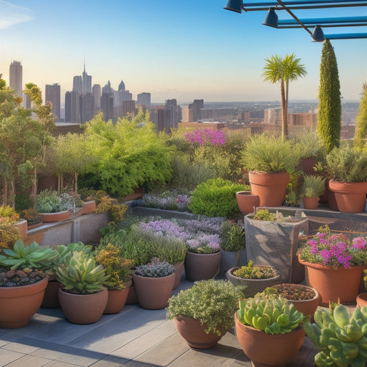 A vibrant rooftop garden scene in a hot climate, featuring a mix of succulents and flowering plants in terra cotta pots, surrounded by trellises, shade sails, and a misting system, set against a sunny urban skyline.