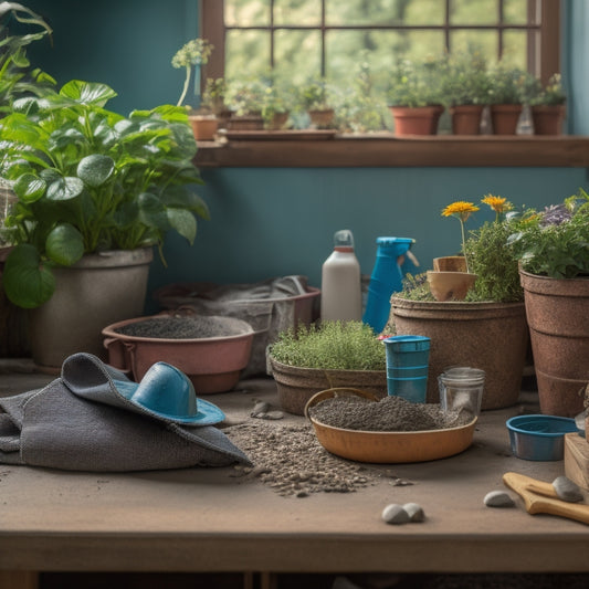 A cluttered workbench with a cinder block, trowel, mortar, and mixed gravel surrounded by scattered gardening gloves, scattered small plants, and a watering can in the background.