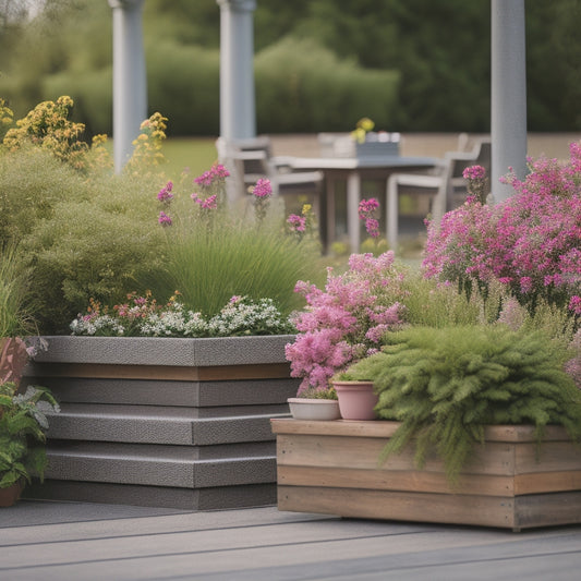 A serene backyard setting with a weathered wooden deck, featuring a rectangular planter box made of rough, grey concrete, overflowing with lush greenery and vibrant flowers in shades of pink and yellow.