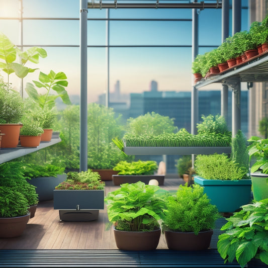 An illustration of a thriving rooftop hydroponic garden with diverse greenery, featuring a misting system, trellises, and aeration pipes, surrounded by a clean and well-maintained environment with minimal waste.