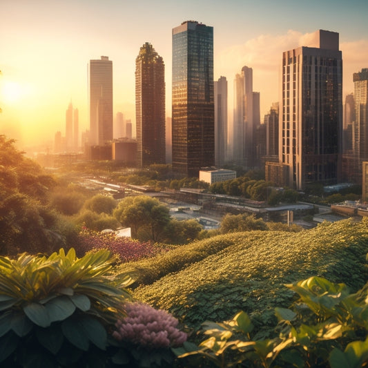 A serene cityscape at sunset, with lush green rooftops featuring a mix of leafy crops, vines, and flowers, amidst sleek skyscrapers and bustling streets below.