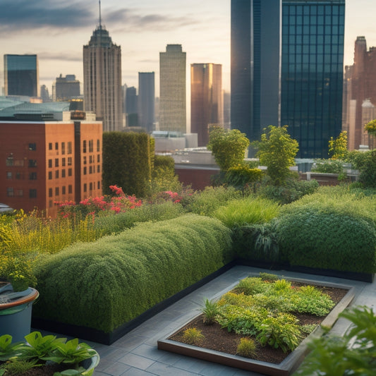 A scenic rooftop garden with lush greenery, a large rainwater harvesting tank, and a subtle cityscape background, showcasing a thriving oasis amidst urban skyscrapers.