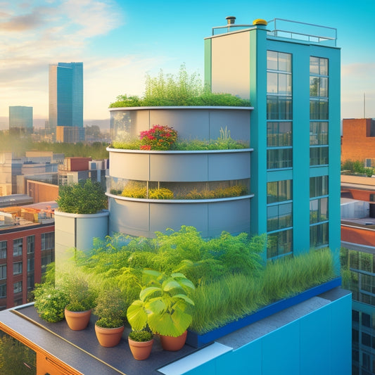 An illustration of a modern apartment building with a rooftop garden, featuring a large, sleek rainwater collection tank, downspout diverter, and a network of pipes connecting to a green roof and irrigation system.