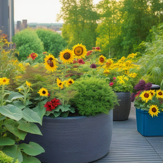 A vibrant rooftop container garden with lush greenery, colorful blooms, and varied textures, featuring a mix of tall sunflowers, trailing ivy, and compact herbs in modern, sleek planters.