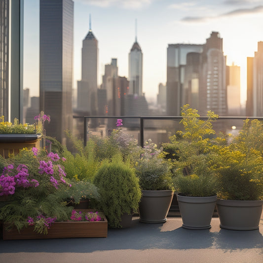 A rooftop garden scene with a mix of lush greenery and blooming flowers in wind-resistant planters, secured with sturdy ropes, amidst a cityscape with a blurred background of skyscrapers.