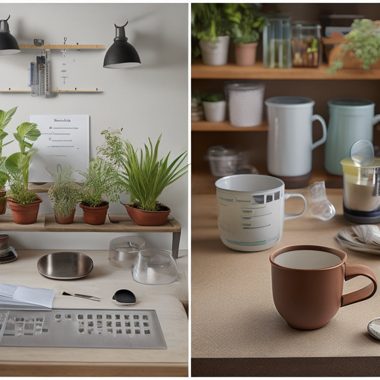 A split-screen image: a messy, cluttered workspace with scattered measuring cups, rulers, and notes on the left, and a tidy, organized workspace with a self-watering planter, a single measuring cup, and a calibrated scale on the right.