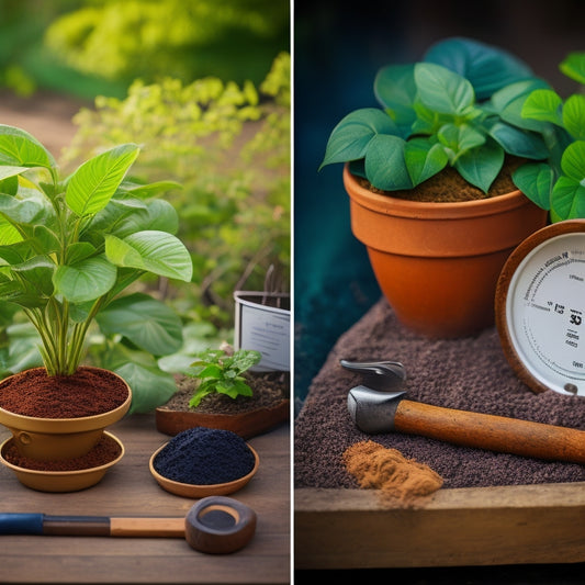 A split-screen image featuring a DIY planter with lush greenery on one side and a soil testing kit with various tools and a chart on the other, set against a natural outdoor backdrop.