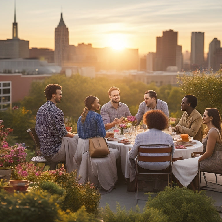 A serene rooftop garden scene at sunset, with diverse people of all ages gathered around a communal table, surrounded by lush greenery, vibrant flowers, and a cityscape in the background.