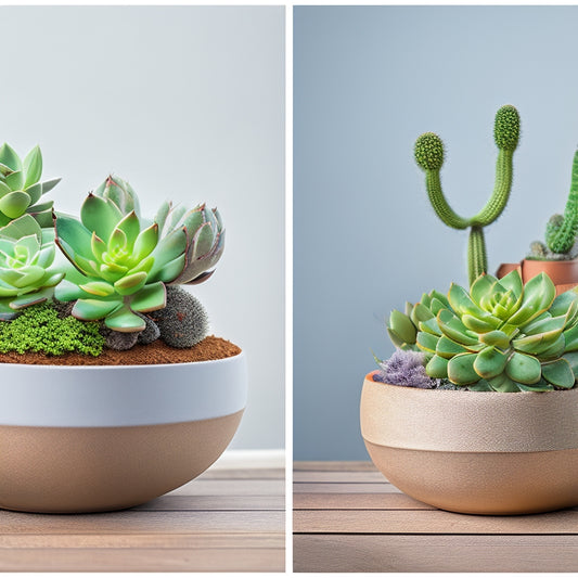 A split-screen image featuring a series of DIY succulent planters with varying widths (3-7 inches) against a clean, white background, showcasing different arrangements of succulents in each.
