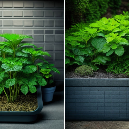 A split-screen image featuring a cinder block planter overflowing with water on one side, and a well-draining planter with thriving greenery and visible drainage holes on the other.