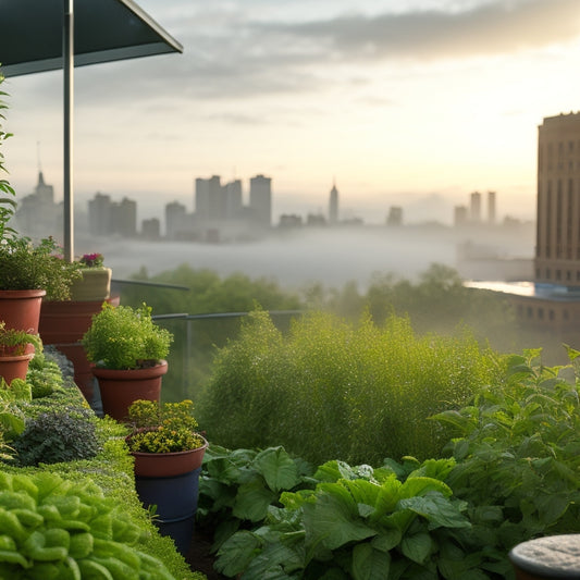 A rooftop garden with lush, vibrant herbs and leafy greens thriving under a misty, automated irrigation system, with droplets glistening on leaves and a cityscape in the background.