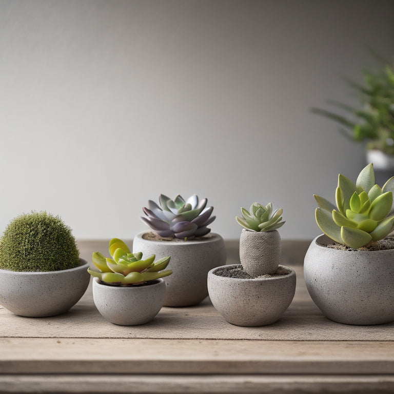 A still life of 5-7 mini concrete planters in varying shapes and sizes, each containing a different herb or succulent, arranged artfully on a rustic wooden table or stone surface.