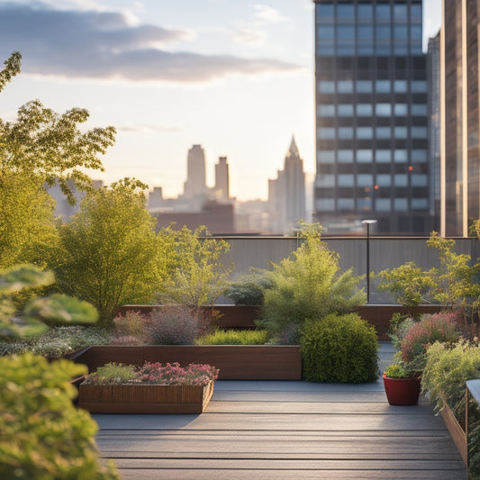 A serene rooftop garden with lush greenery, vibrant flowers, and a few potted herbs, surrounded by a wooden fence, with a cityscape in the background and a few birds flying overhead.