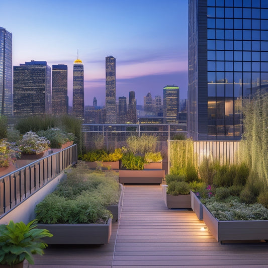 A serene urban rooftop garden at dusk, with lush greenery, trellises, and potted plants, surrounded by high-rise buildings, featuring subtle security cameras, motion-sensitive lighting, and a sleek, modern railing system.