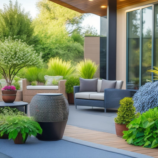 A serene outdoor setting with a modern house, featuring a corner planter with curved lines, lush greenery, and vibrant flowers, surrounded by sleek patio furniture and a minimalist deck.