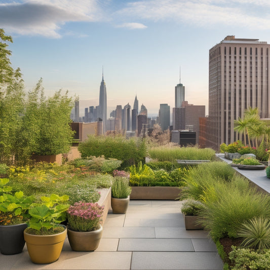 A serene rooftop garden scene with vibrant greenery, colorful blooms, and lush foliage, featuring a mix of raised beds, trellises, and planters, amidst a modern cityscape backdrop with sleek skyscrapers.