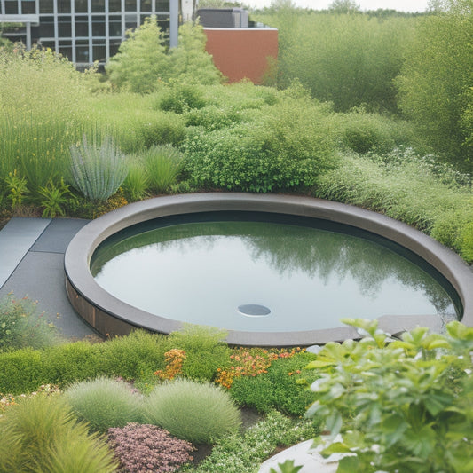 A serene rooftop garden with lush greenery, vibrant flowers, and a small pond, surrounded by a sleek, modern rainwater storage tank in the background, with water flowing from the roof into it.